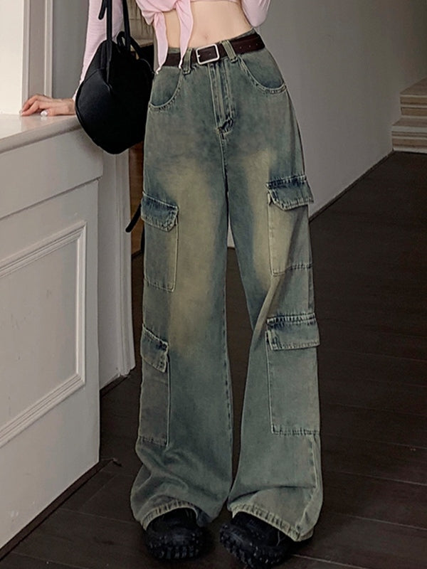 High Waist Multi Pocket Mopping Cargo Jeans