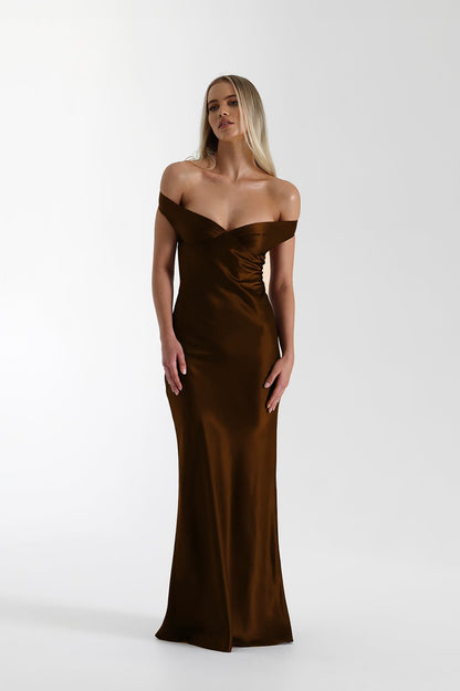 Satin Off-Shoulder Fishtail Maxi Party Dress