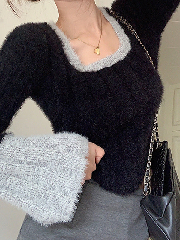 Contrast Color Splice Trumpet Sleeve Slim Sweater