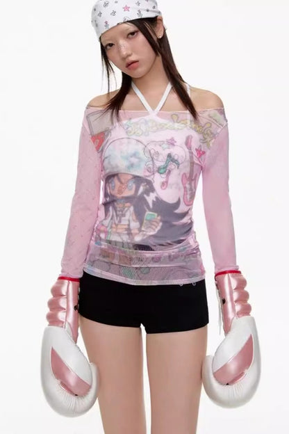 Y2K Spicy Girl Off-Shoulder Print Mesh Top