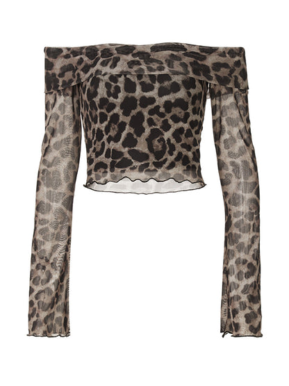One Shoulder Leopard Print Long Sleeve Tee
