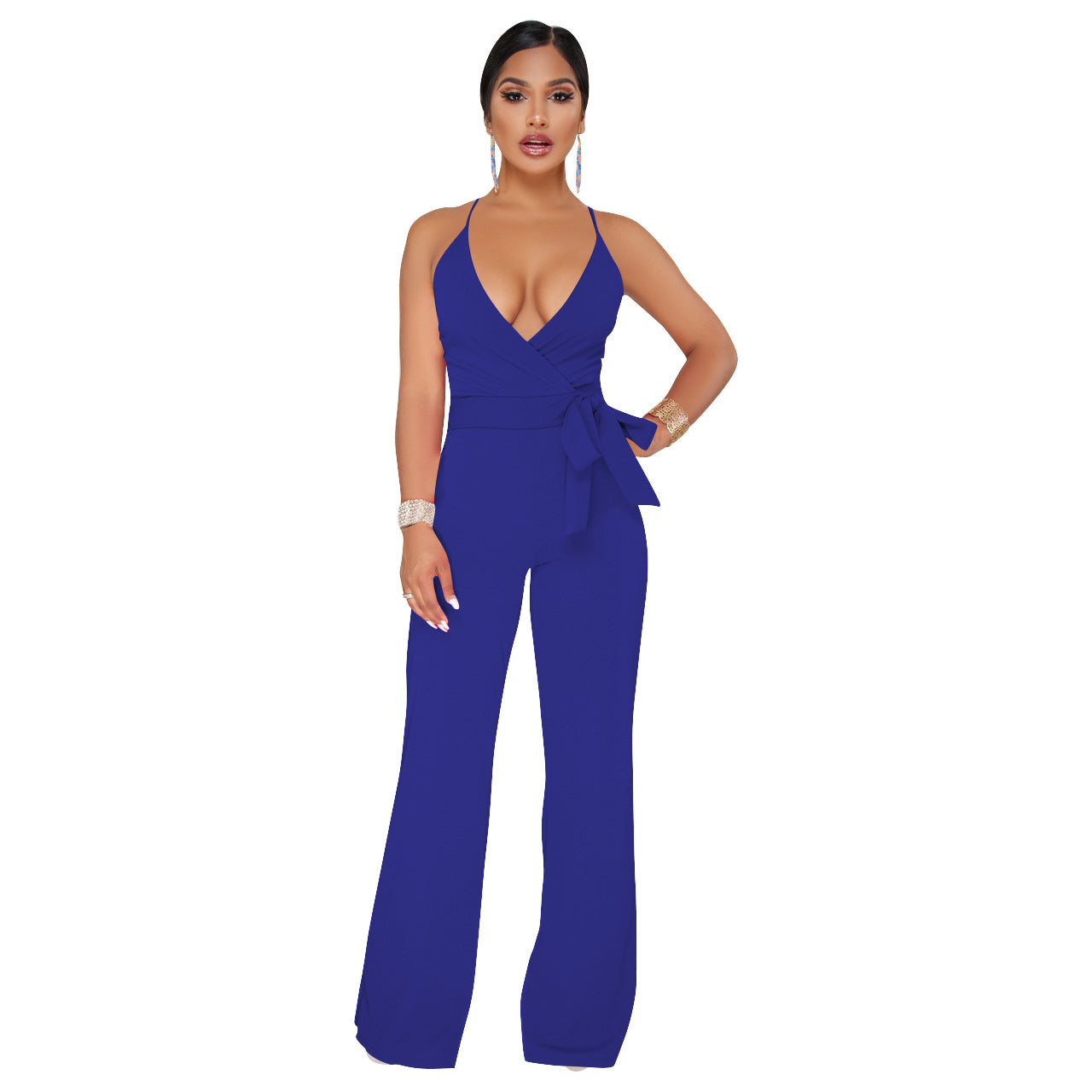 Summer Popular Classic Solid Color V neck Brace Jumpsuit