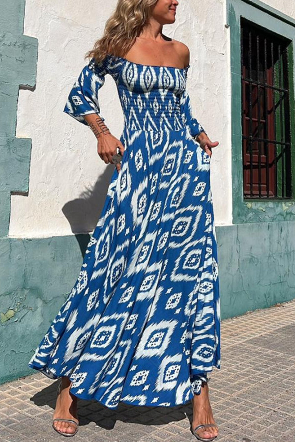 Street vacation style ethnic print off shoulder pocket long skirt