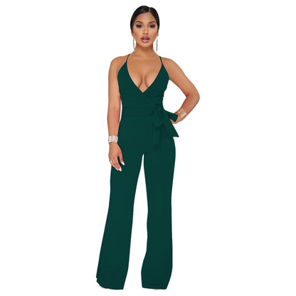 Summer Popular Classic Solid Color V neck Brace Jumpsuit