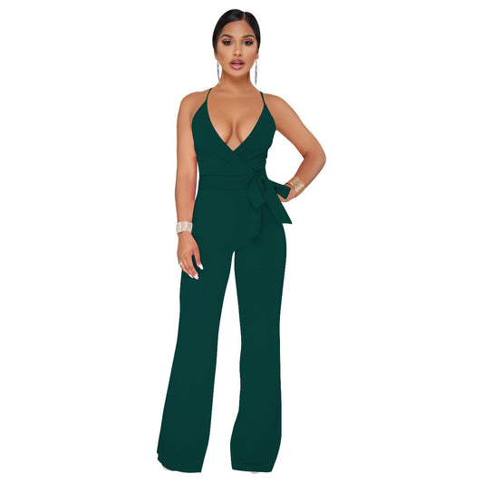 Summer Popular Classic Solid Color V neck Brace Jumpsuit