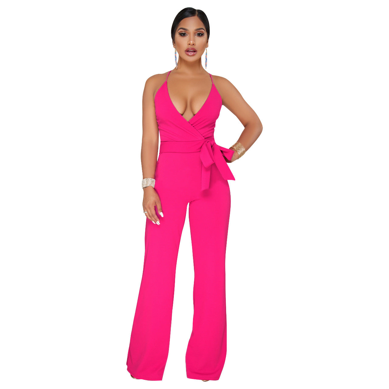 Summer Popular Classic Solid Color V neck Brace Jumpsuit