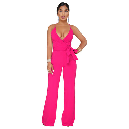 Summer Popular Classic Solid Color V neck Brace Jumpsuit