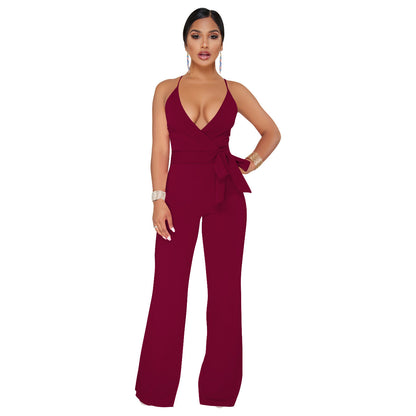 Summer Popular Classic Solid Color V neck Brace Jumpsuit