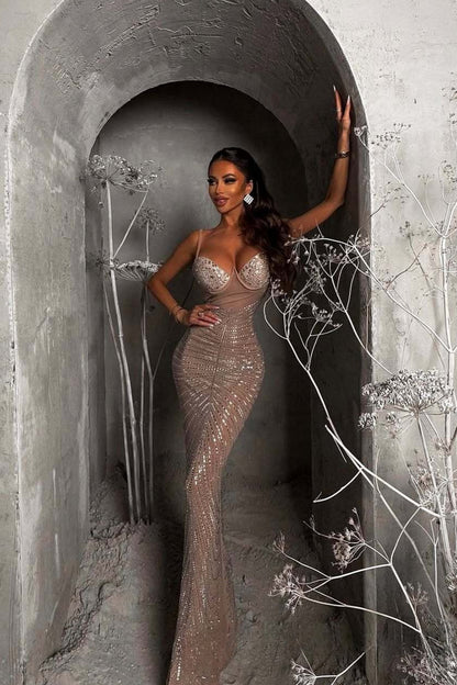 Rhinestone V-Neck Cami Ruched Fishtail Party Dress