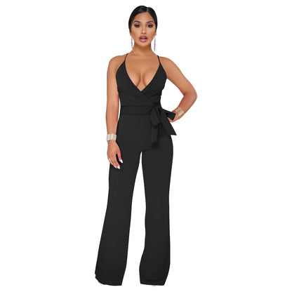 Summer Popular Classic Solid Color V neck Brace Jumpsuit