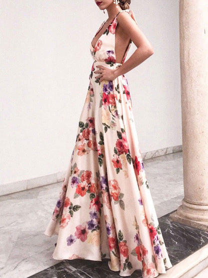 Floral Chiffon Backless Women Maxi Dress - Cream Boho Tie Shoulder A Line Sundress - Summer Beach Wedding Guest Party 2026