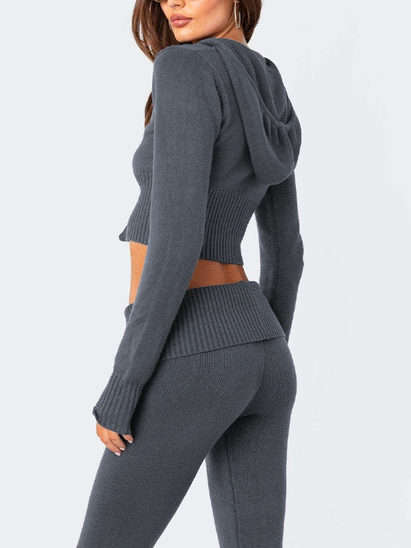Solid Knit Hoodie & Flare Leg Pants Set