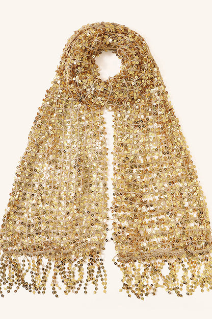 Stylish Sequined, Fringed, and Open-knit Shawl-style Scarf