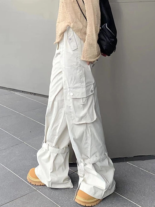 Vintage Big Pocket Drawstring Buckle Design Cargo Pants