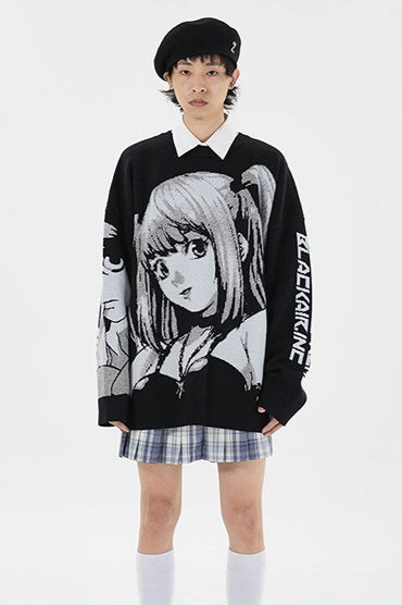 Black Streetwear Relaxed-Fit Knit Sweater