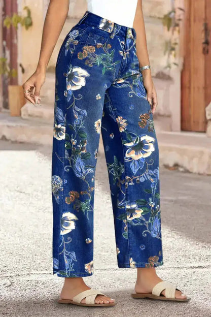 Floral Print Loose Pocket High-waisted Wide-leg Jeans