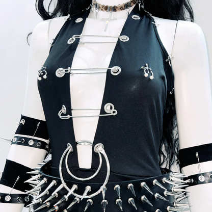 Hollow out o ring metal chain irregular mini skirt set  | Festival Outfits Women