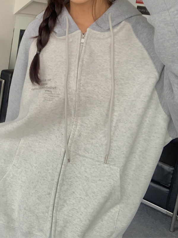 Color Block Splice Zip Up Oversized Hoodie