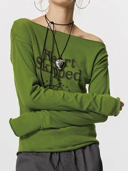 Off Shoulder Letter Print Long Sleeve Tee
