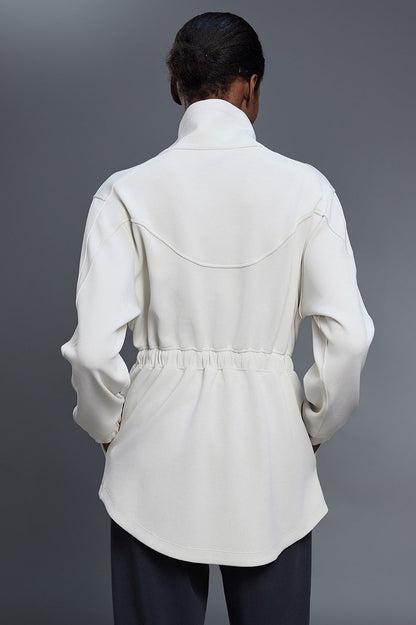 Air Layer Stand Collar Drawstring Waist Mid Length Jacket