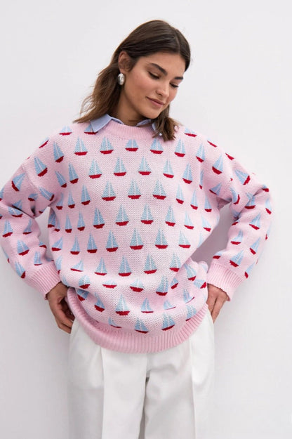 Casual Sailboat Jacquard Pullover Sweater