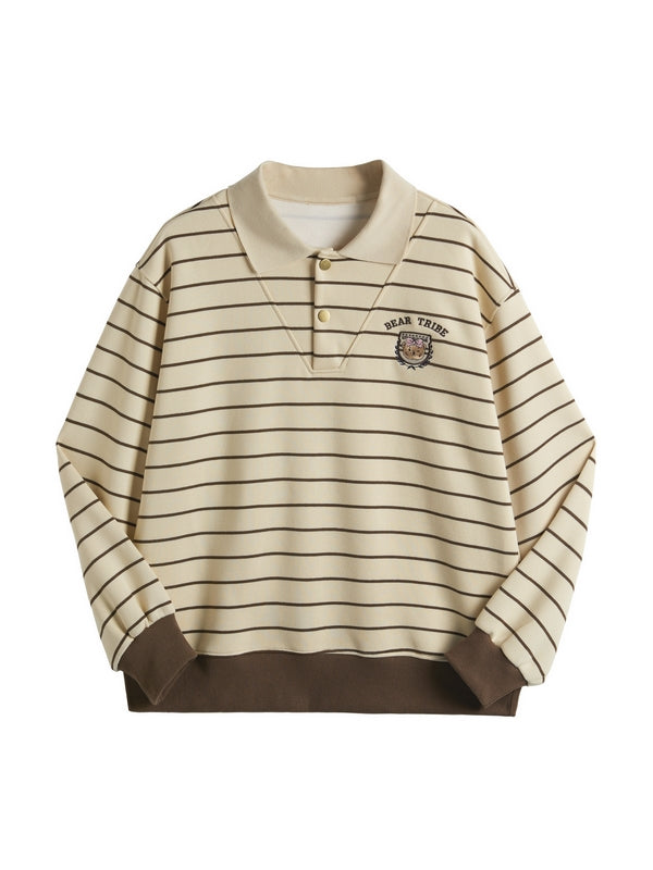 Stripe Print Bear Embroidery Shirt Neck Oversized Hoodie