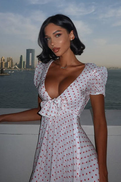 Sexy Deep V Puff Sleeve High Waist Polka Dot Mini Dress