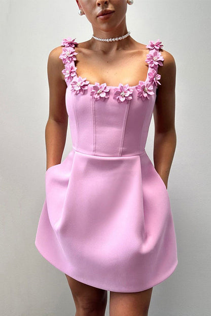 Strappy Floral Neckline Sleeveless Mini Dress
