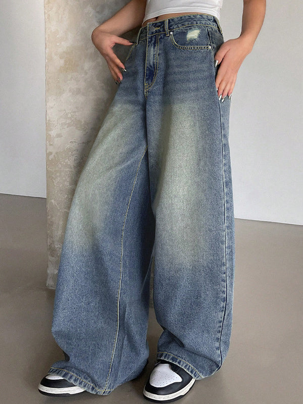 Washed Blue Wide Leg Mop Boyfriend Jeans