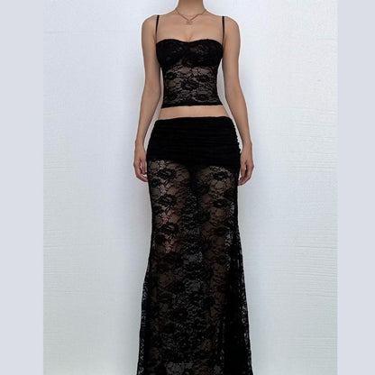 Sweetheart neck ruffle lace see through cami maxi skirt set  | Festival Outfits Women