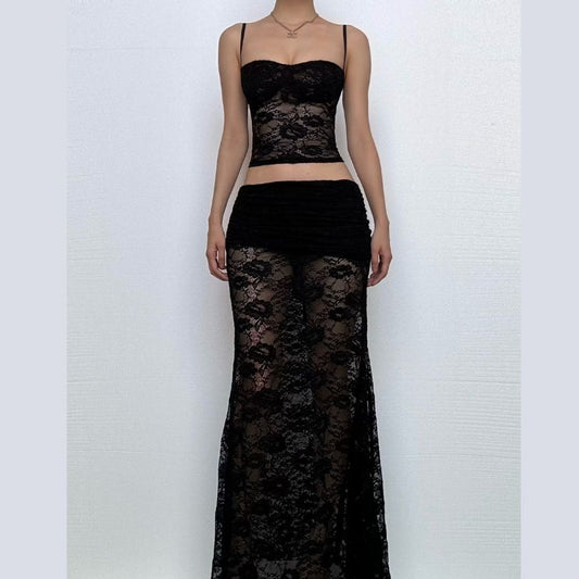 Sweetheart neck ruffle lace see through cami maxi skirt set  | Festival Outfits Women