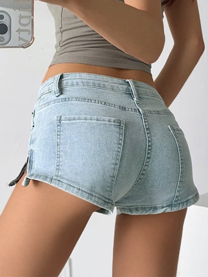 Low Waist Zipper Slit Denim Shorts