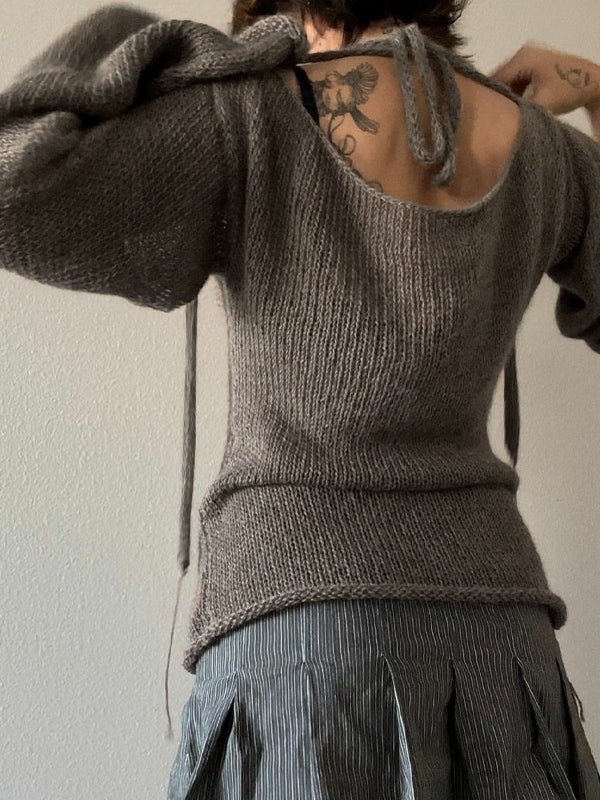 Solid Color Backless Lace Up Long Sleeve Knit