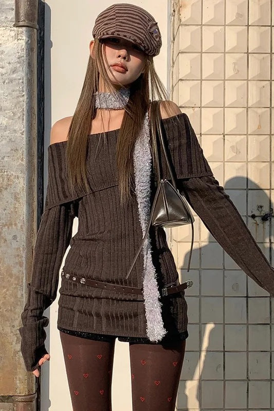 Vintage Kawaii Graphic One Shoulder Dress Matching Knit Top