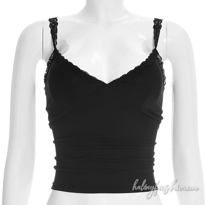 Lace hem v neck backless solid cami top
