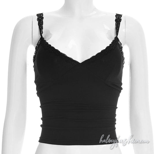 Lace hem v neck backless solid cami top