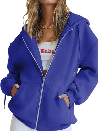 Solid Drawstring Zip Up Oversized Hoodie