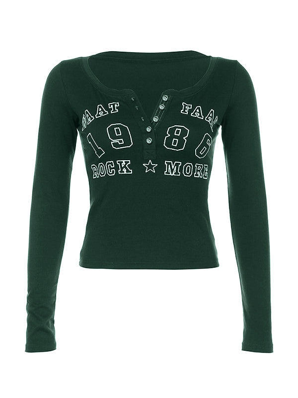 Number Letter Print Breasted Slim Long Sleeve Tee