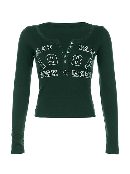 Number Letter Print Breasted Slim Long Sleeve Tee