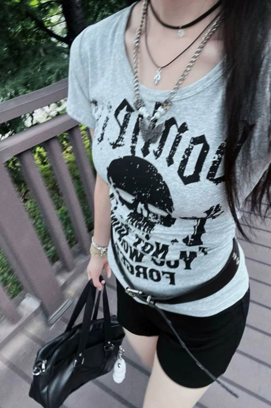 Y2K Punk Skull Print Slim Short Sleeve T-shirt