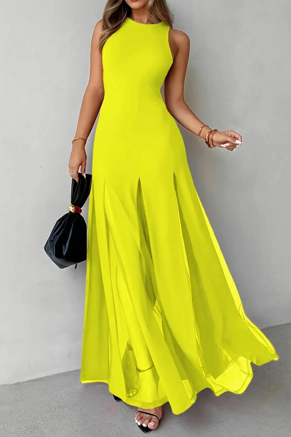 Solid Color Round Neck Sleeveless Slim Fit Sheer Patchwork Hem Maxi Dress