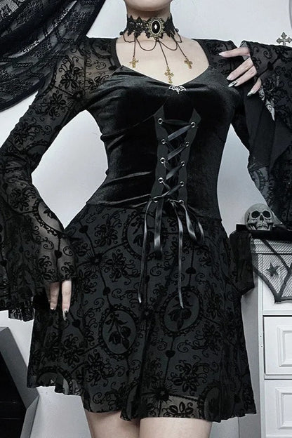 Dark Velvet Gothic Flare Sleeve Bandage Vintage Mini Dress