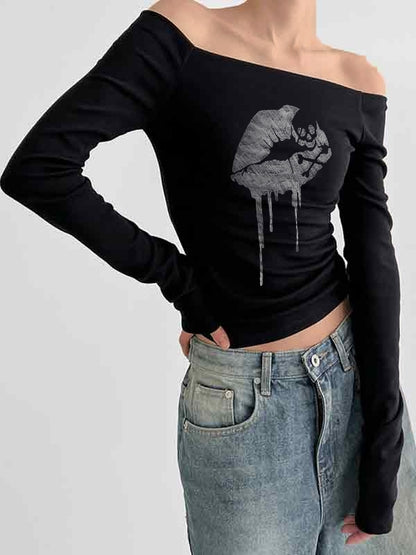 Off Shoulder Lip Skull Print Long Sleeve Tee