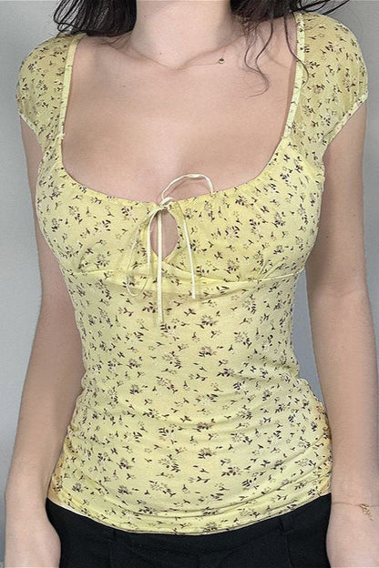 Vintage Cutout Tie Waist Yellow Floral Blouse