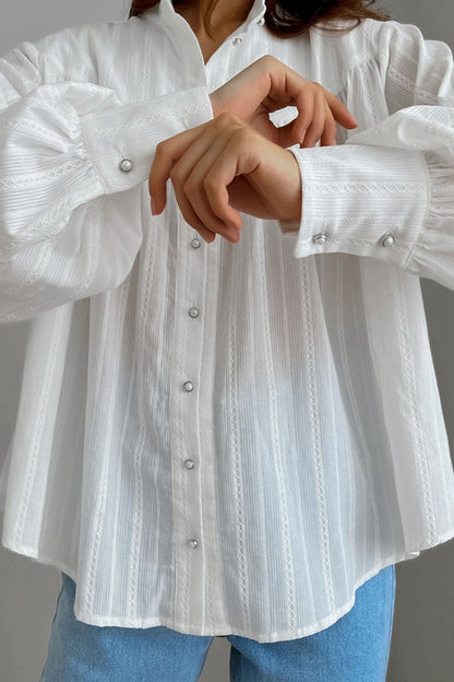 White Cotton Jacquard Stand Collar Blouse