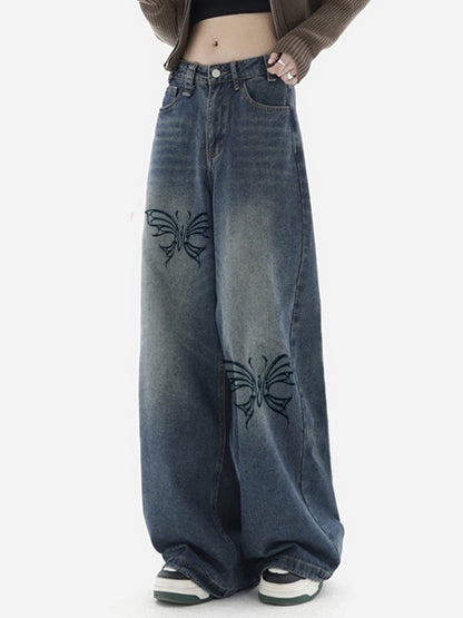 Butterfly Print Blue Wash Baggy Boyfriend Jeans