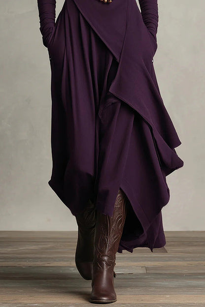Solid Color High-neck Long-sleeved Irregular Casual Maxi Dress