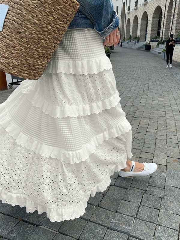 A Line Cutout Waffle Patchwork Midi Skirt