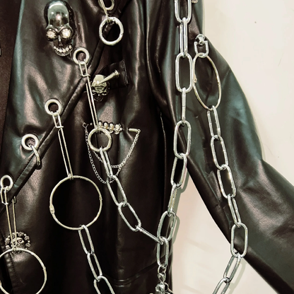 Long sleeve PU leather metal chain skull applique top  | Festival Outfits Women