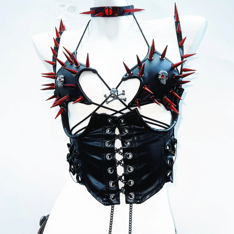 Hollow out metal chain rivet applique PU leather top  | Festival Outfits Women